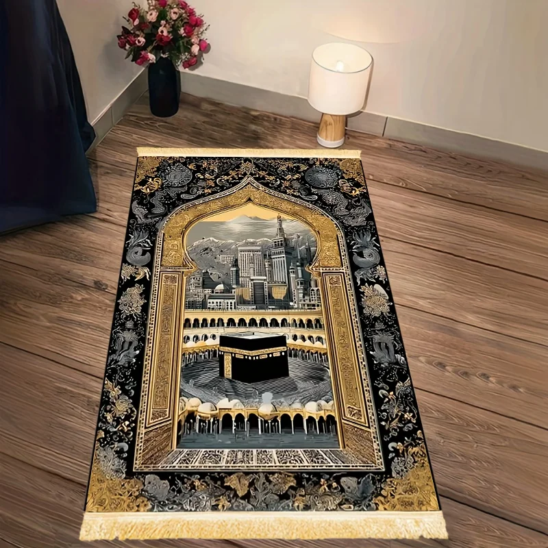 Alfombra de Oración VIKAMA Negra y Dorada, Alfombra de Oración Retro para el Cielo de la Meca, Alfombra de Oración Portátil para Eid al Fitr, Alfombra de Oración para Mezquita