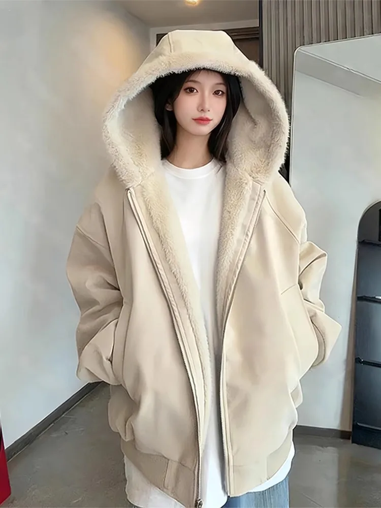 

Lamb Fur Lined Thiened Leather Jaet Zipper Closure Hooded Youth Faion Warm Autumn Winter Coat for Men And Women