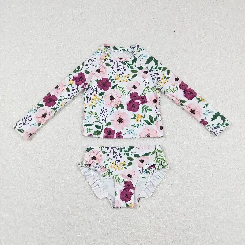 RTS Wholesale Baby Girls  Flowers Long Sleeve 2pcs Summer Kids Children Beach Wear Bikini Bows Swimwear Swimsuits