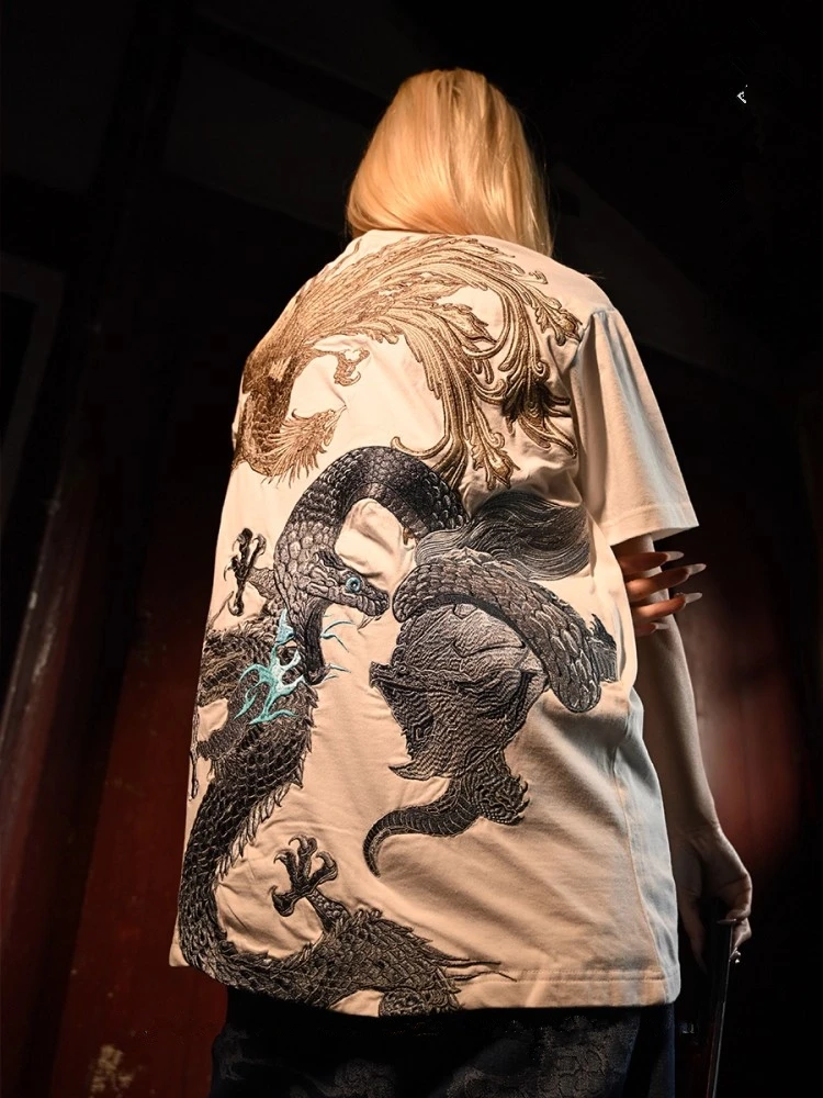 

Хлопковые футболки с вышивкой «Дракон Белый Тигр» для мужчин и мальчиков, летние винтажные повседневные футболки High Street