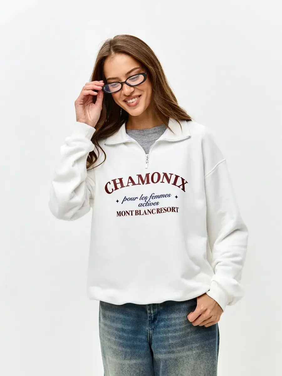 Large Size White Stand Collar Zipper Lapel Shirts American Retro Sweatshirts Preppy-style Badge Printing Autumn Trendy Women Top
