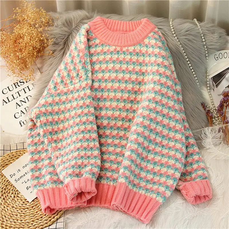 Sweet O-Neck Loose Color Striped Sweaters Female Clothing 2023 Winter Oversized Knitted All-match Pullovers Casual Tops