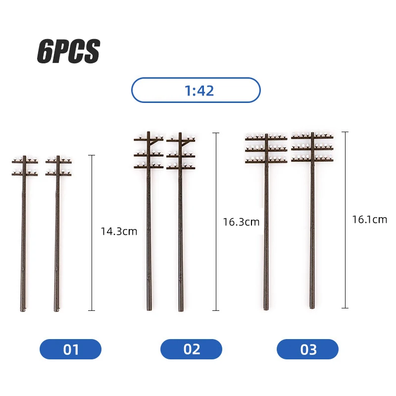 6Pcs 3Types Model Railroad Electric Line Poles Telephone Pole Set 1:42/87/100 HO Model Trains Landscape DIY Building Accessories