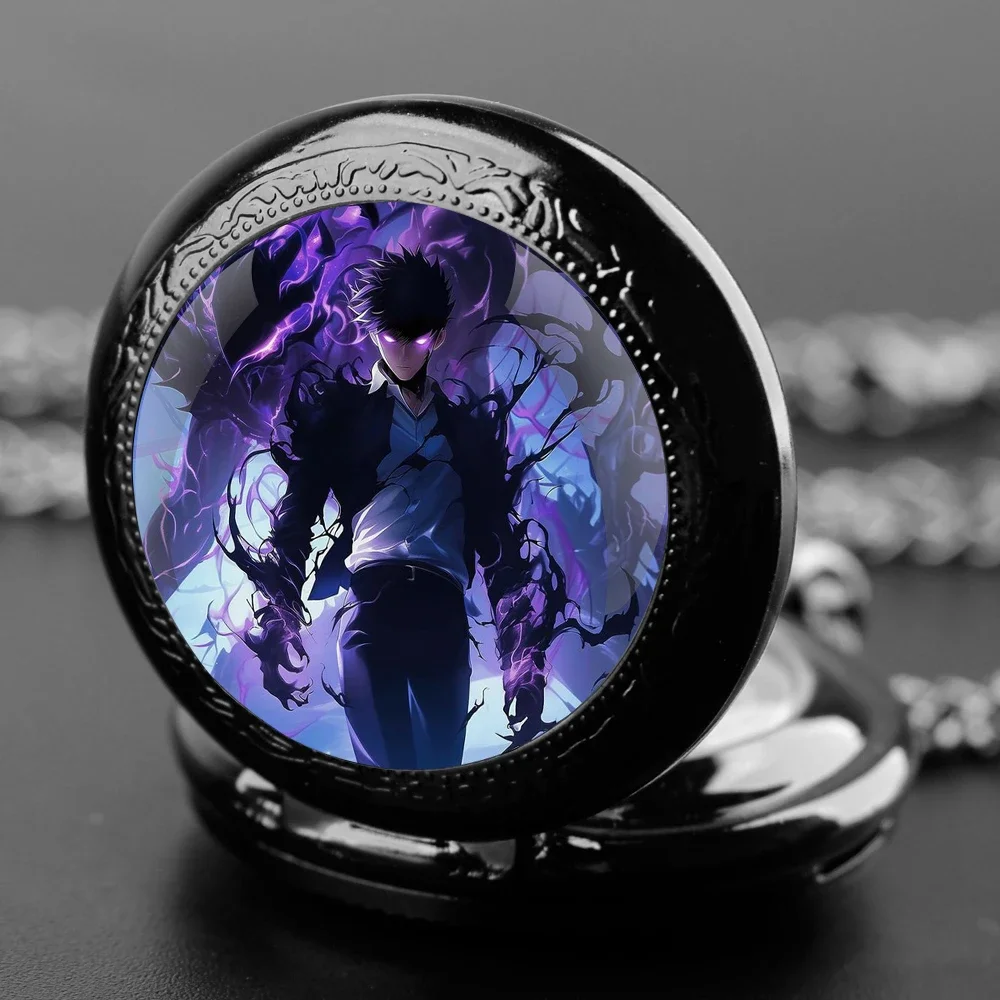 Anime Solo Leveling Glass Dome Pocket Watch with Chain Necklace Vintage Quartz Pendant Watches Mens Women Gift