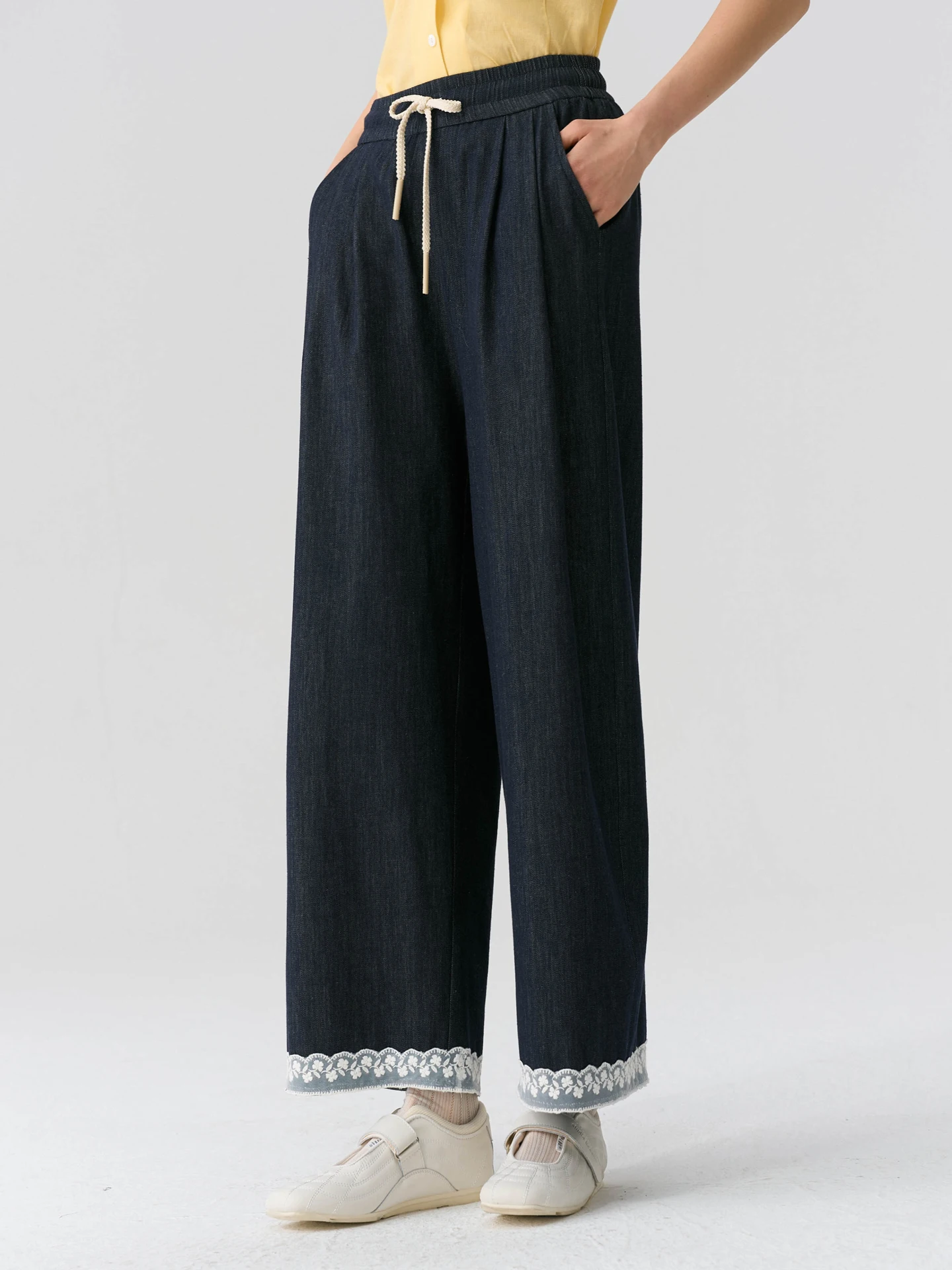 

Bruland Dark Blue Wide Leg Women's Jeans Elastic Waist Drawstring Casual Spring Cotton Trousers Comfortable Loose Fit Pants