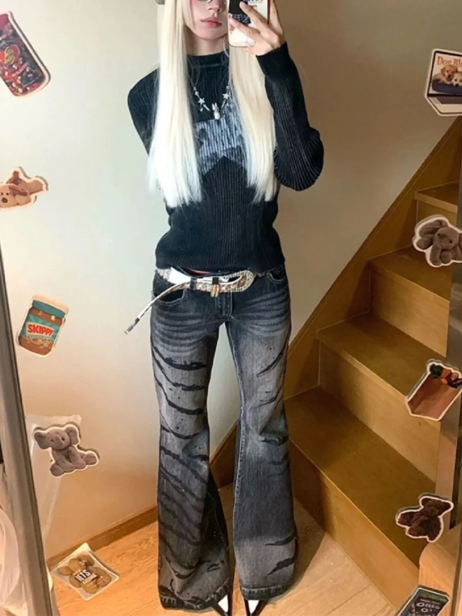 

Y2K Spicy Girl Low Waist Bell Bottom Jeans Women's Subculture Design plus Size Fat MM Slimming Long Pants Deep Color