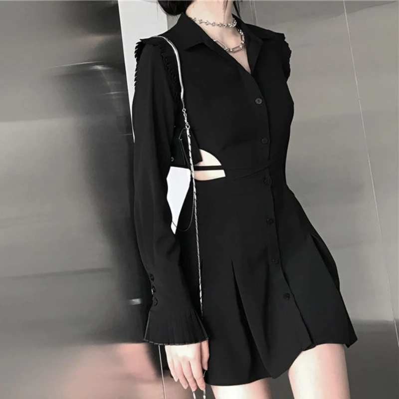 Mini Dresses Women Summer Black Solid Design Empire Elegant Tender Spring Hollow Out French Style Ladies Sexy Single Breasted