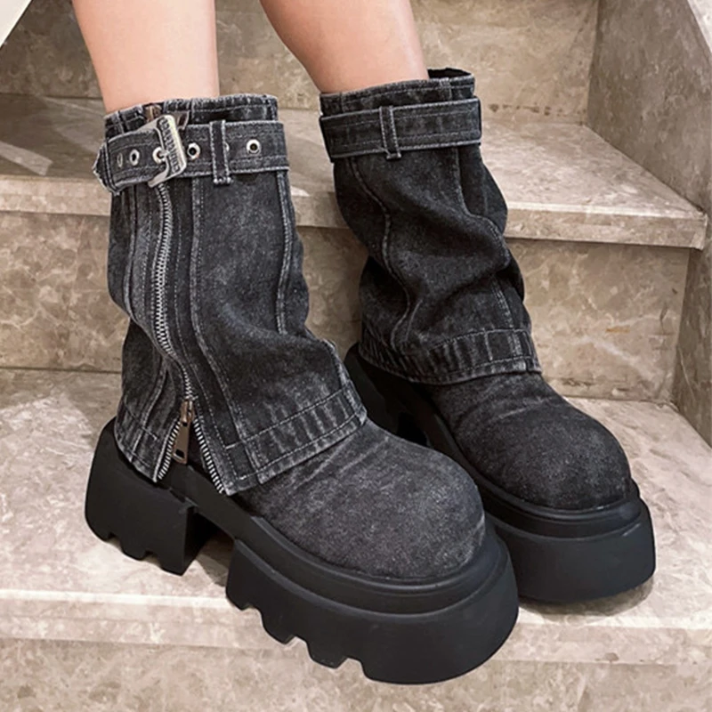 Cowboy Platform Snow Mid Calf Boots Fashion Mid Heels Walking Shoes Women 2024 Trend Designer Goth Boots Dress Mujer Zapatillas