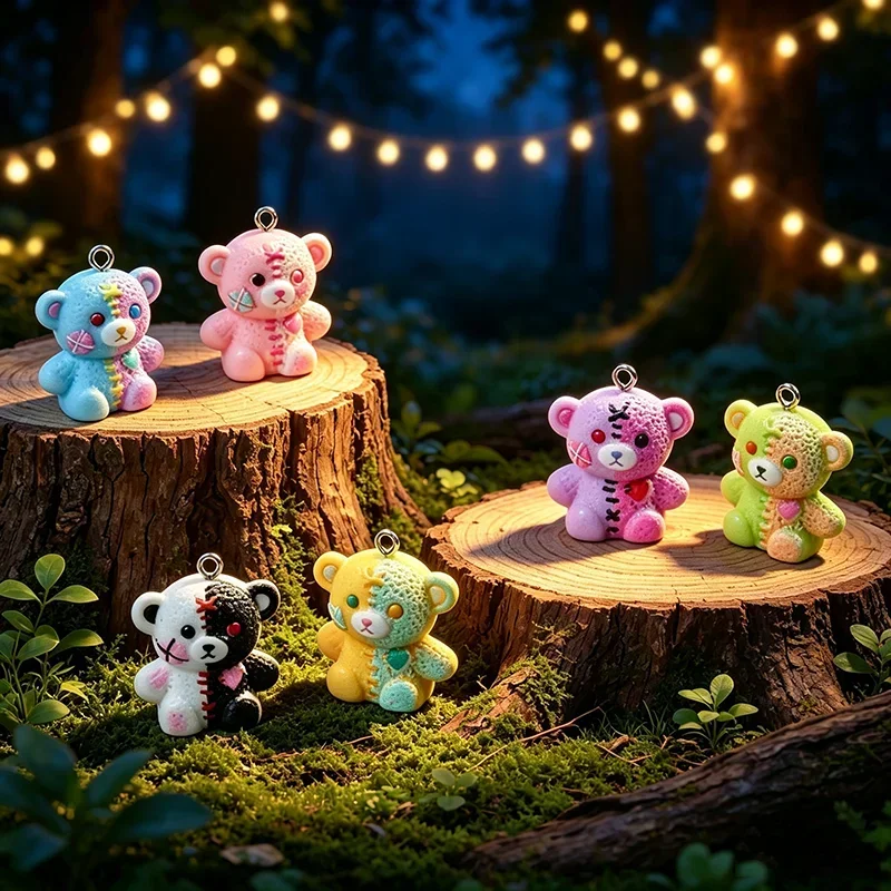 10Pcs Halloween Broken Teddy Bear Resin Pendants, Patchwork Stitched Bear Charms Findings for Handmade Earring & Keychain Craft