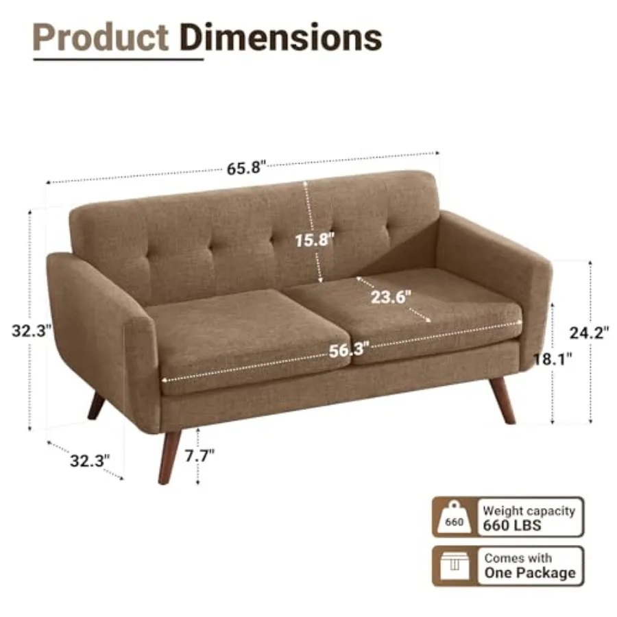 65" W Loveseat Sofa, Mid Century Modern Decor Love Seat Couches for Living Room, Button Tufted Upholstered Small Couch for Bedr - view 2