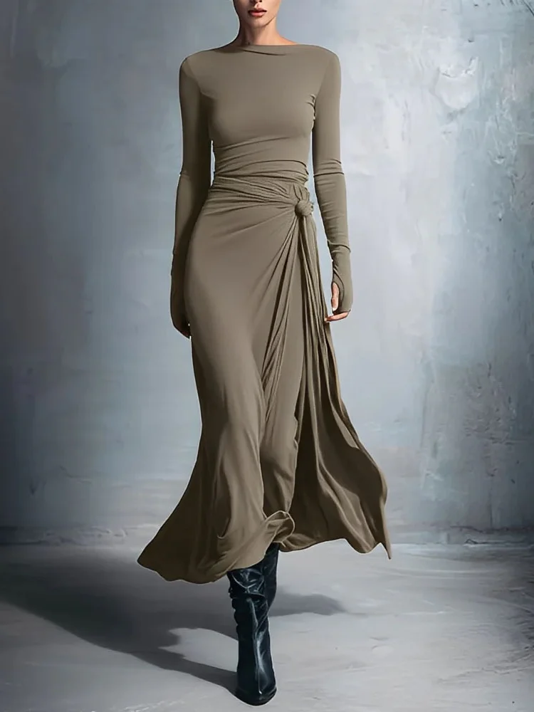 

Women Elegant Solid Long Sleeve Slim Fit Dress Fashion Knot-trimmed Waist Cinching Dresses Lady Casual Commute Daily Vestidos