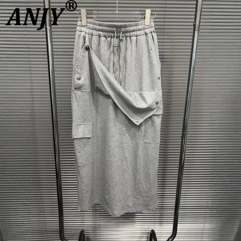 ANJY - Falda Larga de Verano para Mujer, Estilo Safari, con Cintura Elástica, Cordón Ajustable, Múltiples Bolsillos y Diseño de Parches, Modelo A23564