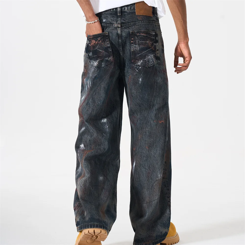 MWJLPWQ Paint-Splattered Graffiti Distressed Dirty Jeans Men Loose Wide-Leg Wasteland Punk Niche Casual Straight-Leg Pants 17292