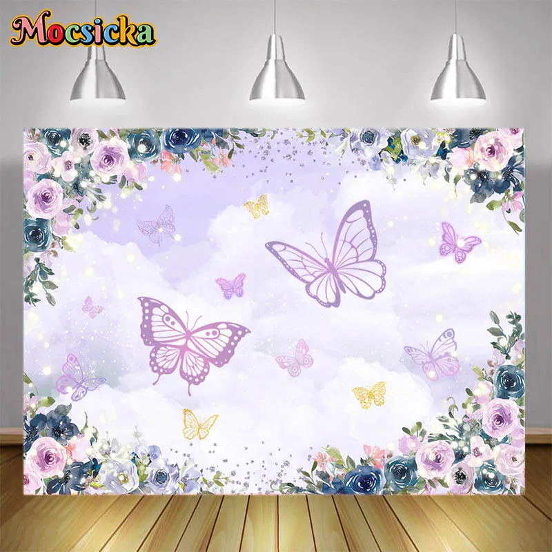 

Purple Butterfly Photography Background Flower Butterflies Decoration Birthday Party Decor Props Kids Portrait Photo Backdrop