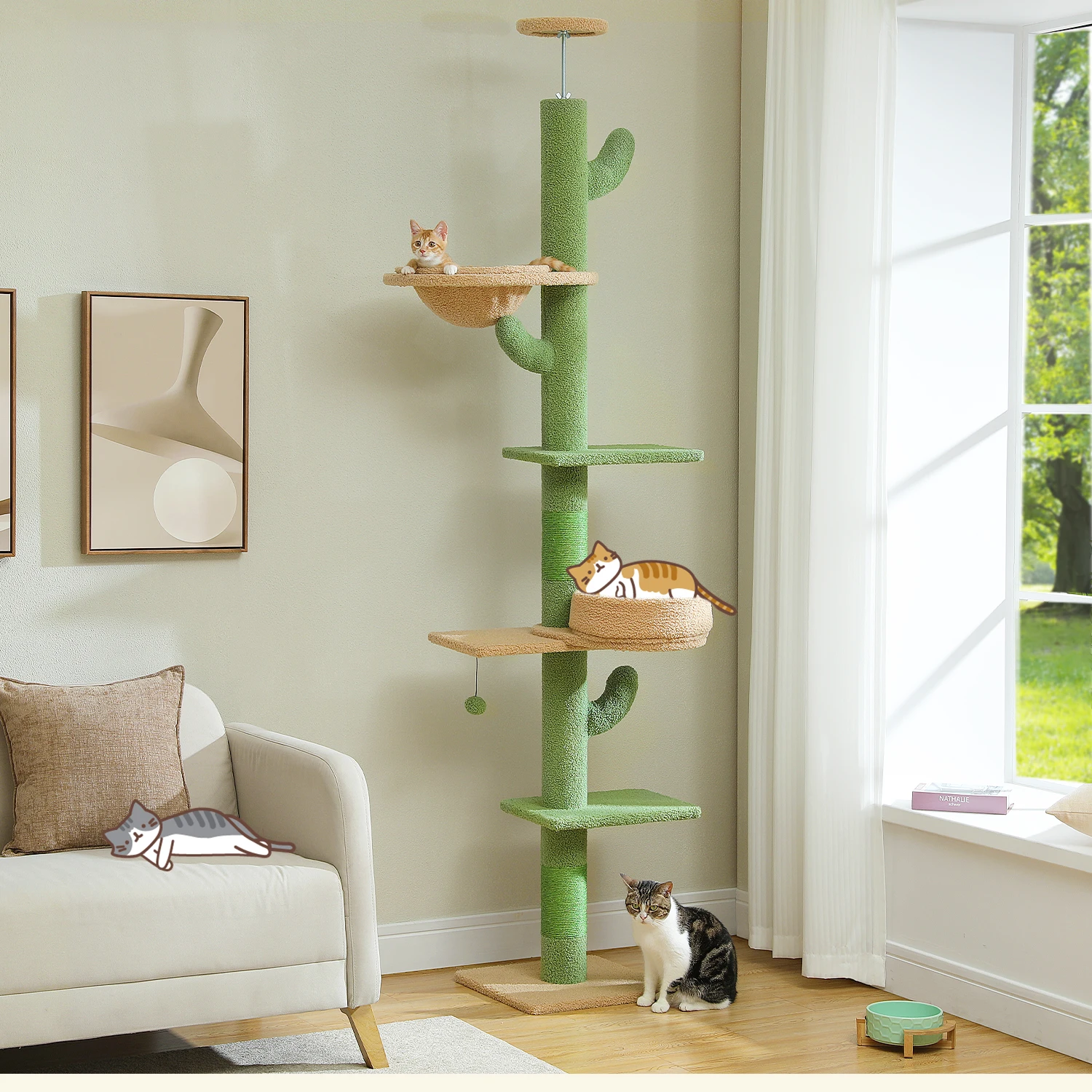 Arbre à chats cactus réglable en hauteur pour chats d'intérieur, tour à étages du sol au plafond avec poteau à griffer, hamac douillet, balles suspendues, jouets pour chat, chat accessoires pour chats