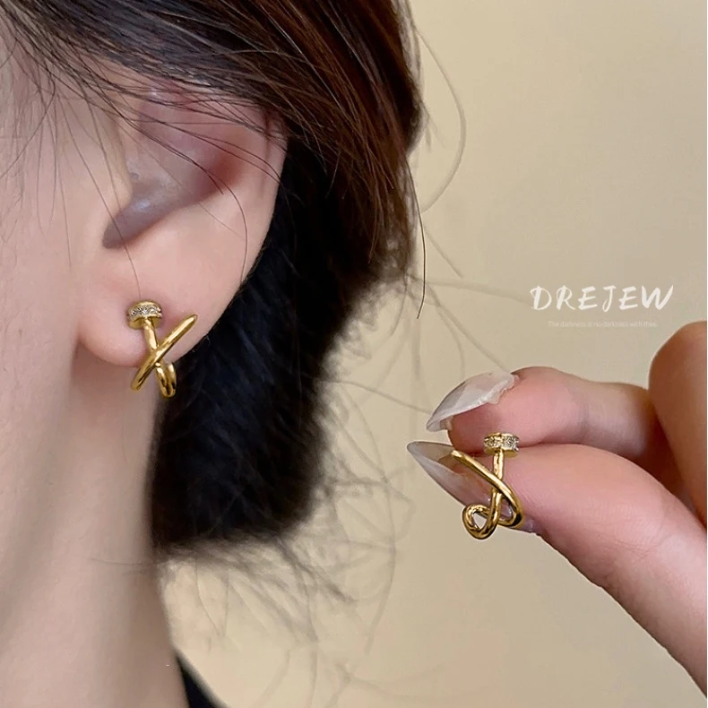 DREJEW 18K Gold Zircon Cross X-shaped Earrings for Women Fashionable and Simple Versatile Jewelry for Women Hypoallergenic