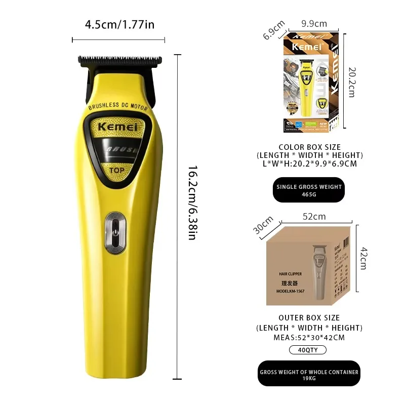 Kemei 1567 Barber Zero Gap Trimmer Electric Bald Head Hair Clipper Rechargeable Finish Cutting Machine External brushless Motor