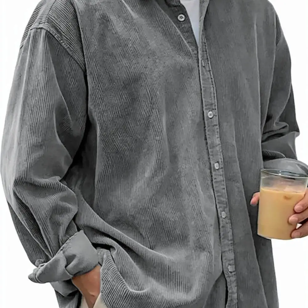 Mens Corduroy Shirt Loose Casual Long Sleeve Top Male Spring Autumn Fashion Solid Color Turn Down Collar Outwear Shirt