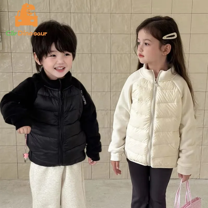 

2025 Autumn Winter European American Style 3-14 Years School Kids Fleece Patchwork Coat Baby Girl Boy Duck Down Thin Jacket