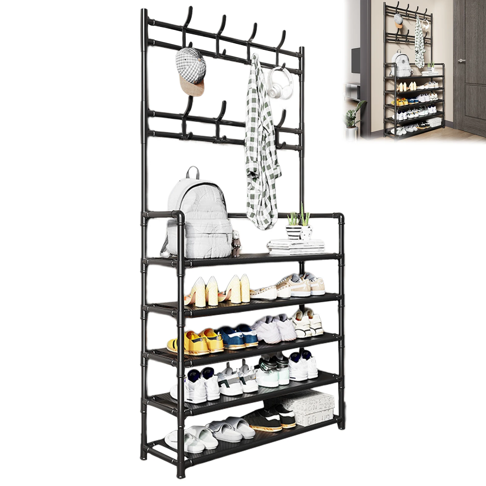 Shoe rack hanger independent shoe rack storage rack with hooks suitable for entrance bedroom closet, 5-layer black