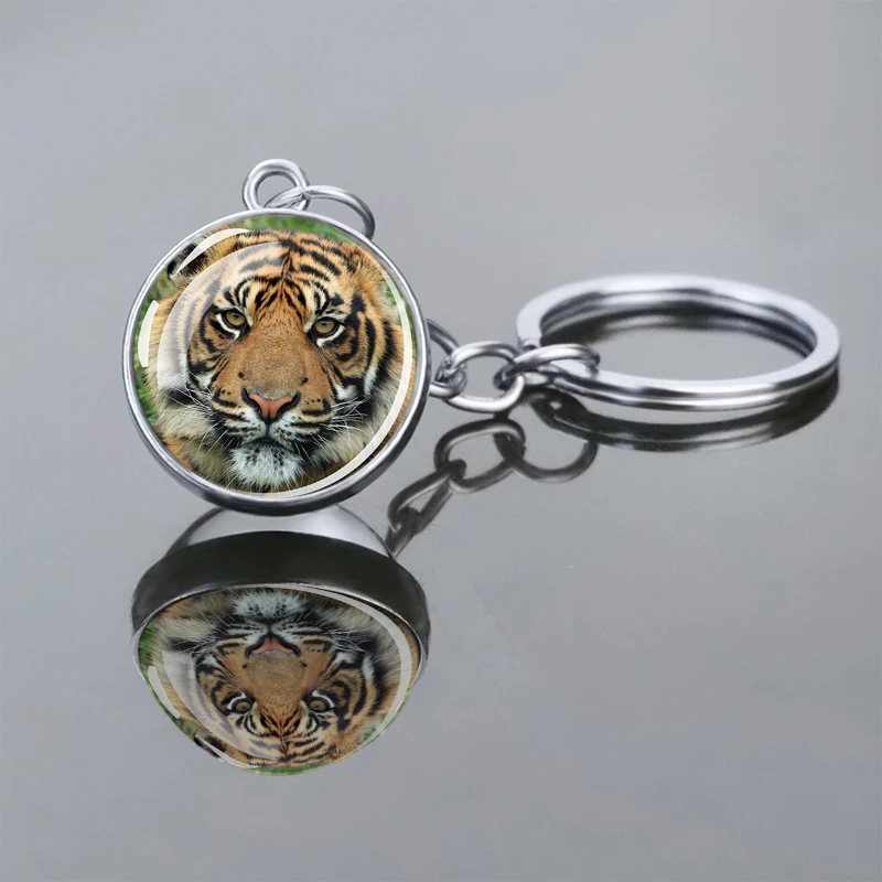 Tiger key ring Sphere Crystal Ball Glass Handmade Double Side Glass Ball Pendant Jewelry gift for men and friend jeep keychain