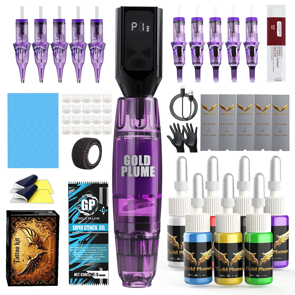 Tattoo Pen Kit with Lcd Display 1100Mah Rechargeable Battery, 10 Cartridge Needles, 7 Tattoo Pigments & Portable Tattoo Pigment Shaker, Professional Body Art Tools for Tattoo Artists