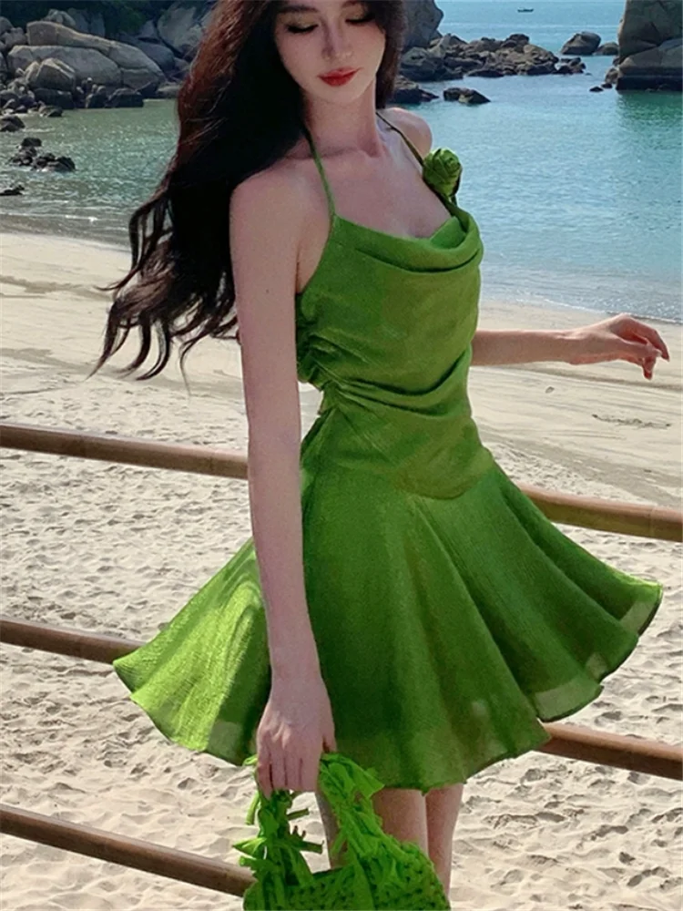 Hotsweet Y2k Girl Women Halter Short Green Mini Dress Summer Fashion Backless Irregular Strap Dress Holiday Beach Short Skirt