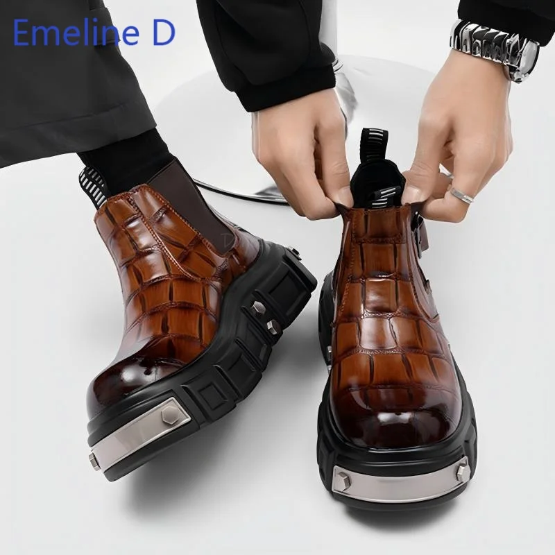 Men Crocodile Embossed Chelsea Ankle Boots Round Toe Buckle Strap Metal Plate Thick Block Platform Streetwear Casual Footwear