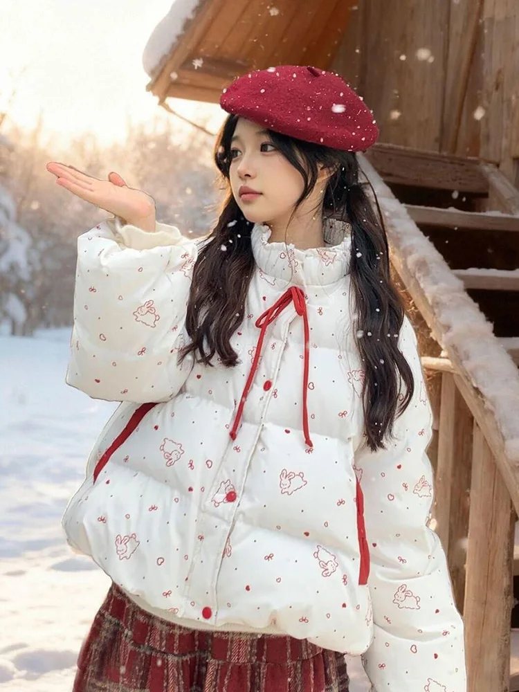 

Милые кавайные парки для женщин с мультяшным принтом, зимние милые пышные пальто с бантом, японские повседневные женские модные куртки с длинными рукавами в консервативном стиле