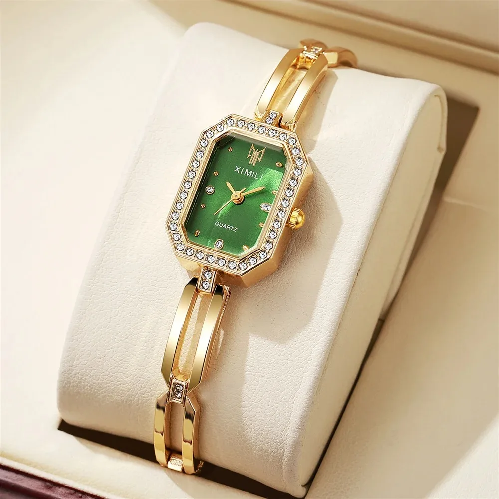 Fashion Rhinestone Rectangle Women Watches Casual Stainless Steel Gold Bracelet Ladies Quartz Wristwatch（Without Box） image 3