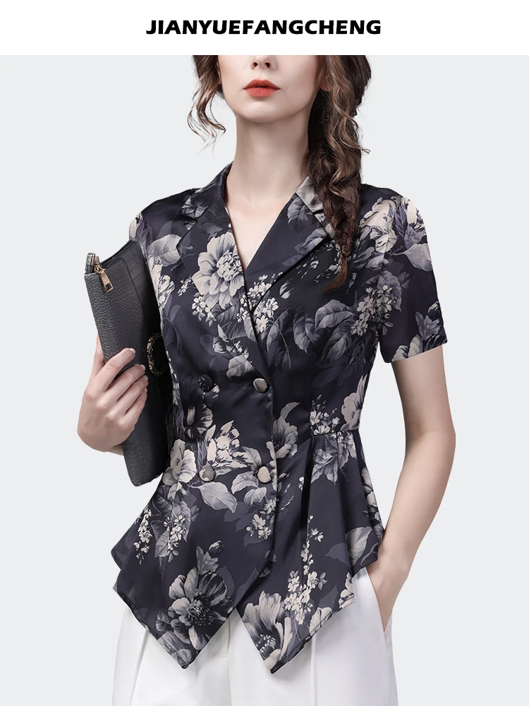 2023 Summer Short Sleeve Satin Printed Blouse Women Tops Elegant Slim Suit Collar Design Vintage Casual Double-breasted Shirts