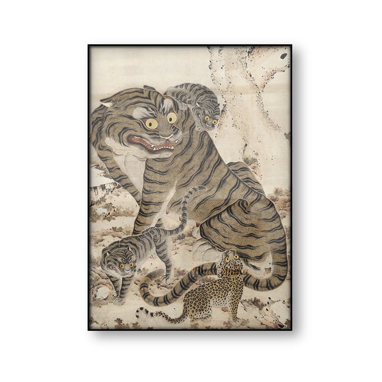Vintage Korean Tiger Family Canvas Print Asian Minhwa Folk Art Poster Big Eyes Tiger Animal Wall Painting Home Decor Gift