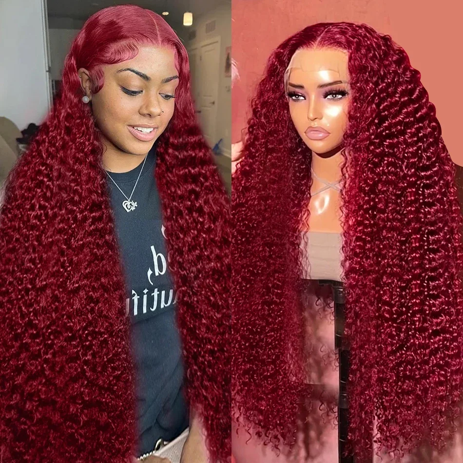 Pelucas frontales de encaje de onda profunda, cabello humano rizado de color rojo borgoña 99J, 4x4, cierre Frontal de encaje, 30 pulgadas, 13x6 HD