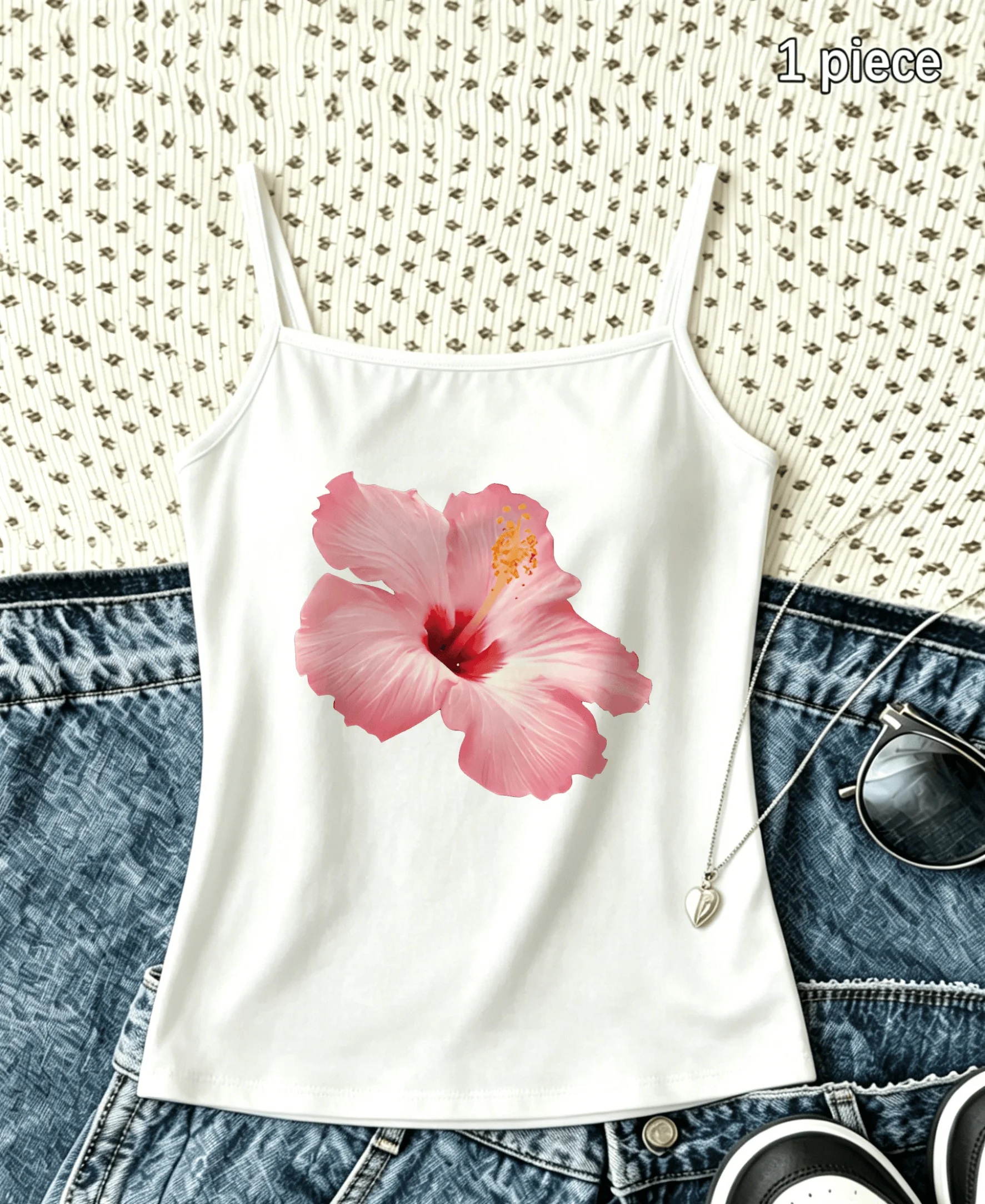 Tropical Pink Hibiscus Realistic Floral Spaghetti Strap Camisole Women Sleeveless Tank Top Beach‑Inspired Vacation Casual Vest