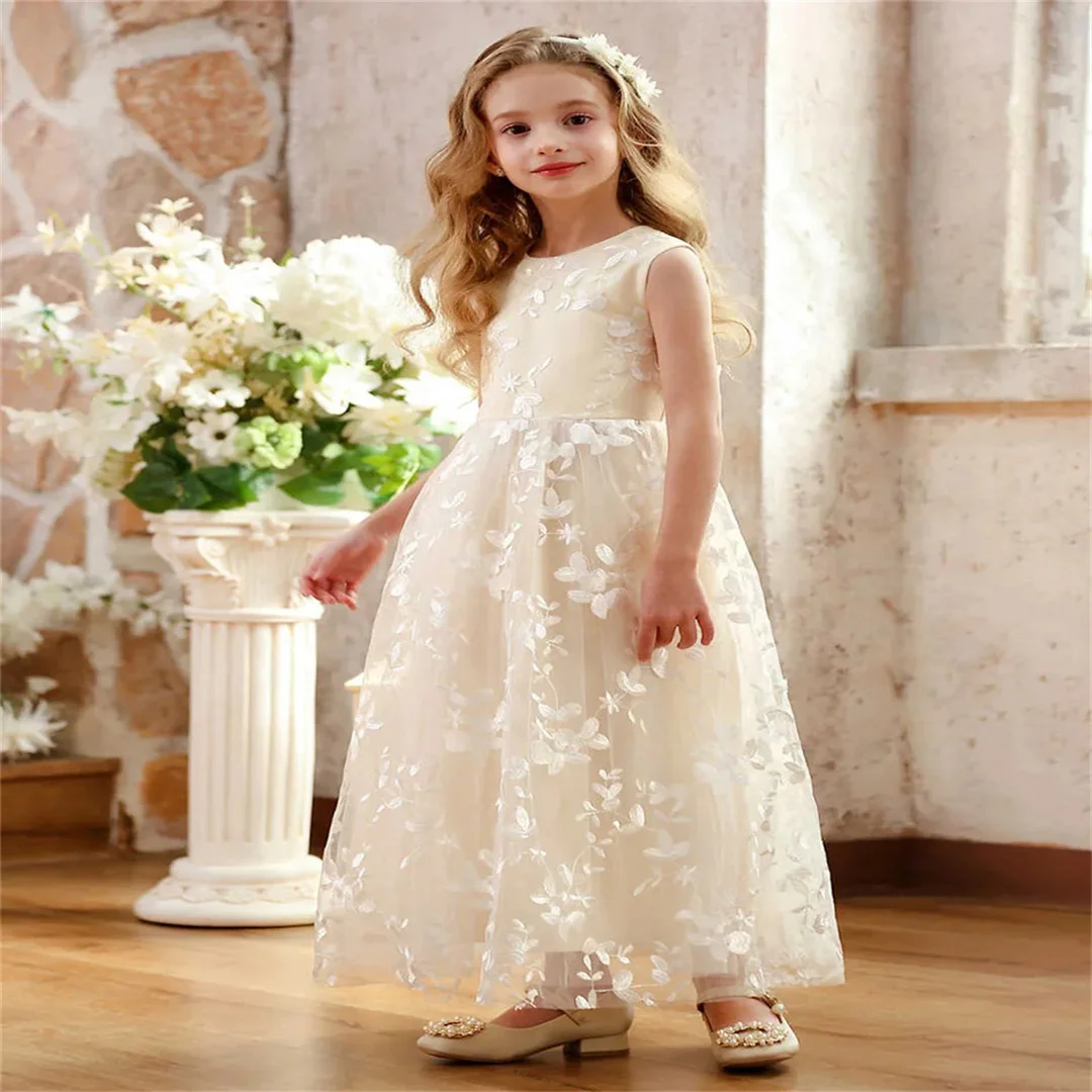 Vestido largo de tul con flores para niña, vestido recto con bordado de flores para niña, encaje, informal, elegante, sin mangas de princesa
