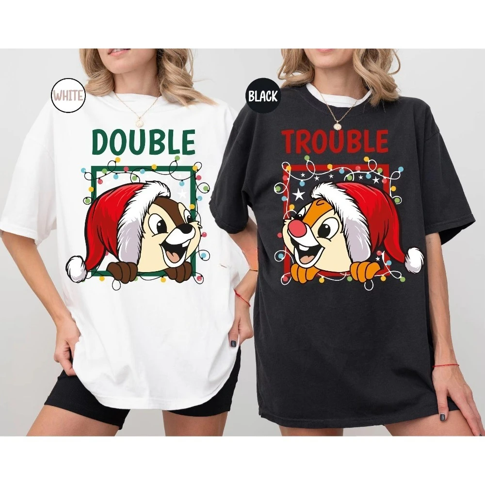 

Disney Couples Chip N Dale Double Trouble Рождественская легкая футболка Микки Очень веселая рубашка для рождественской вечеринки Диснейленд Праздничный подарок