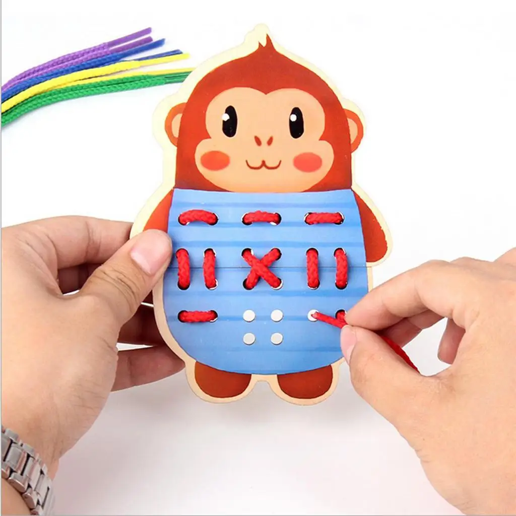 Wooden Montessori Lacing Board Animal Shape Threading Toy Preschool Educational Game for Kids