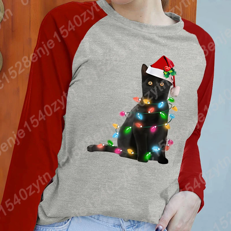 Fashion Clothes Women Long Sleeve Pullover Christmas Black Cat Christmas Light Sweatshirts Ladies T Shirts O-neck Loose T-shirts