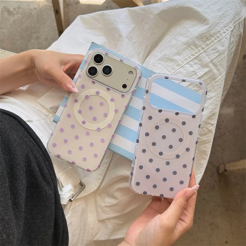 

Cute Purple Grey Polka Dot Phone Case with Magnetic Ring For iPhone 14 15 16 17 Pro Max Clear Frame Protective Cover For Girls