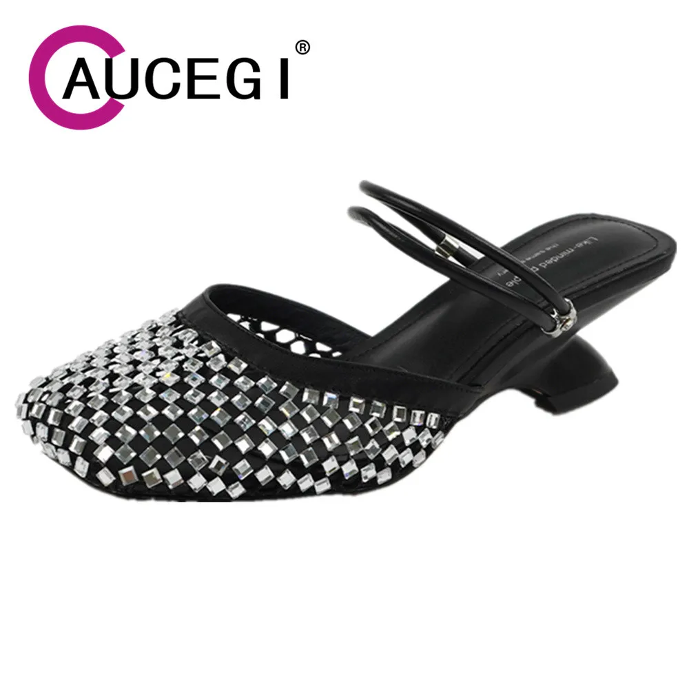 Aucegi 2024 Women's Summer New Fashion Special-shaped Heels Mules Designer Simple Sandals Dazzling Banquet Party Slip-on Shoes