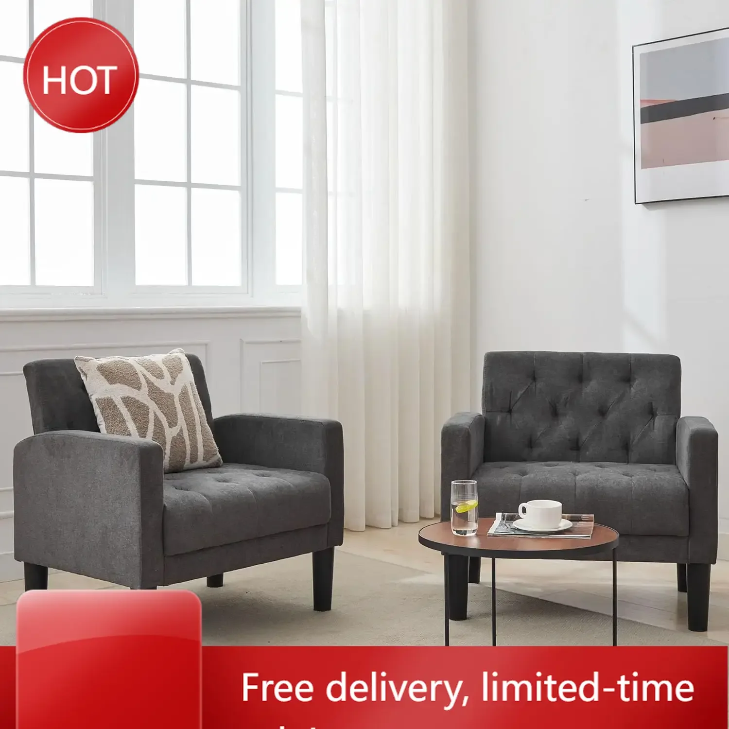 

Ограниченное по времени предложение! [Горячая распродажа!] Комплект из 2 акцентных кресел, в стиле середины века, с обивкой и каретной стяжкой, для гостиной и спальни, кресло-софа