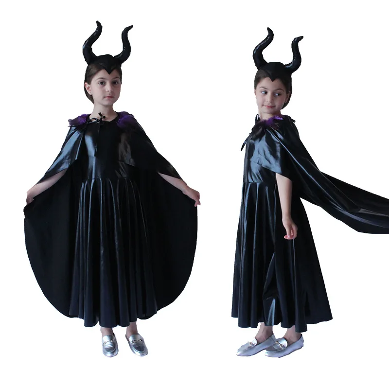 

Halloween Children's Black Witch Cape Costume For Movie Character Maleficent Parent-child Style Performance Costume.