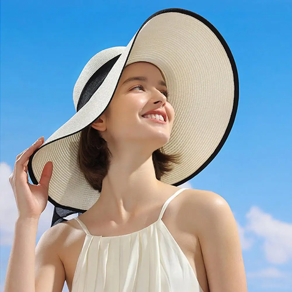 outdoor Seaside woman fashion big Bow large brimmed Sun Protection Cap Foldable Straw Hat