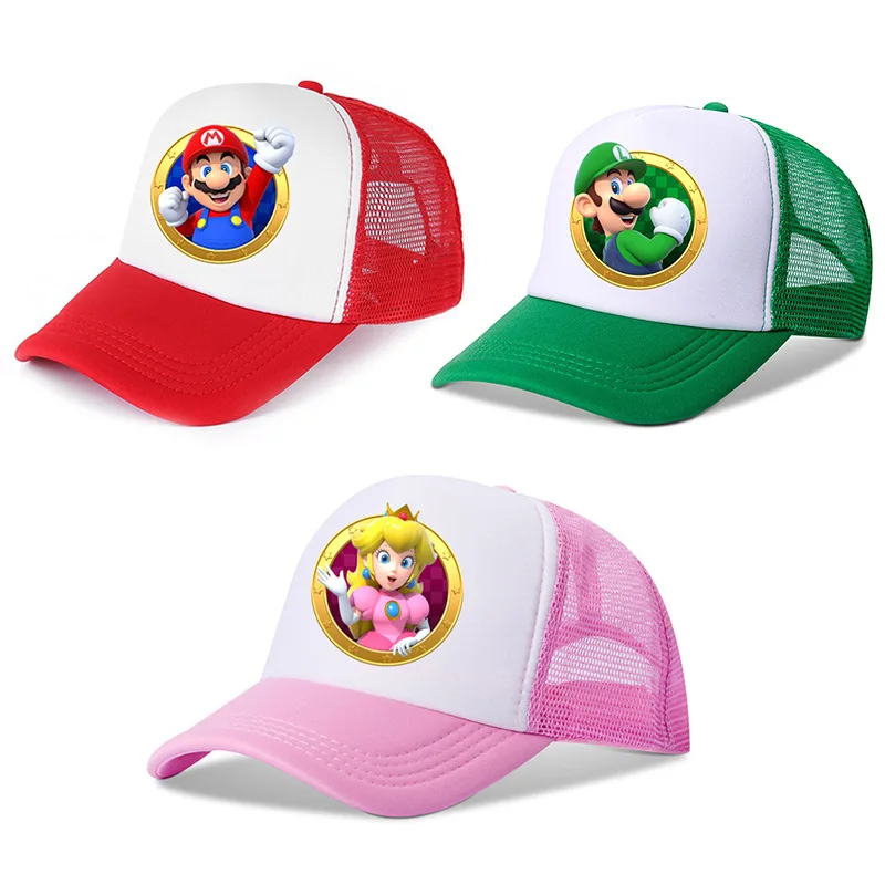 Boné de beisebol Super Mario Bros, proteção solar infantil, respirável princesa pêssego Yoshi Luigi malha chapéu, presente de verão