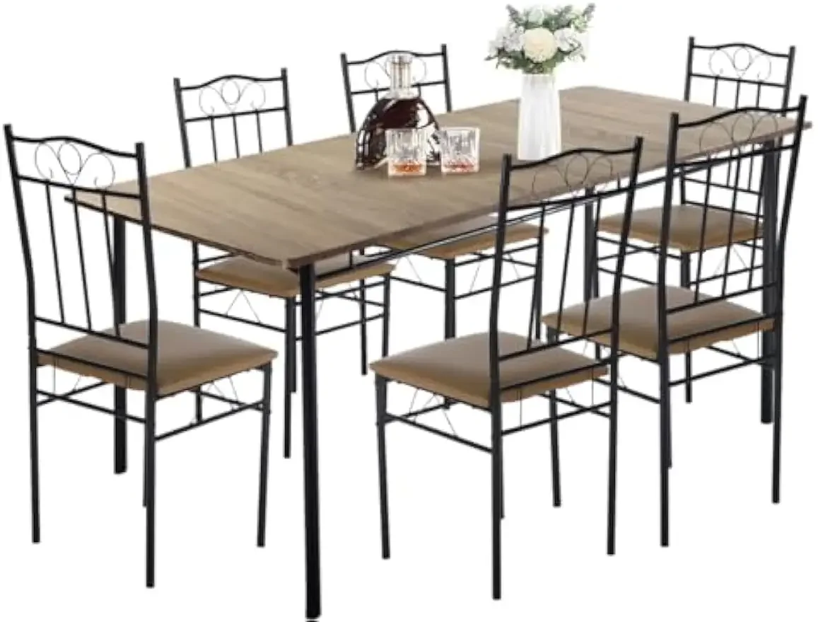 Table Set for 6, Kitchen and Chairs for 4-6 People, 7 Piece Kitchen Sets, Rectangular Dining Room Set with 6