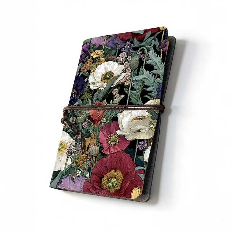 Vintage Floral Embossed Leather Journal - Handmade Travel Notebook with Poppy Flower Print, Refillable Sketchbook for Writing A6
