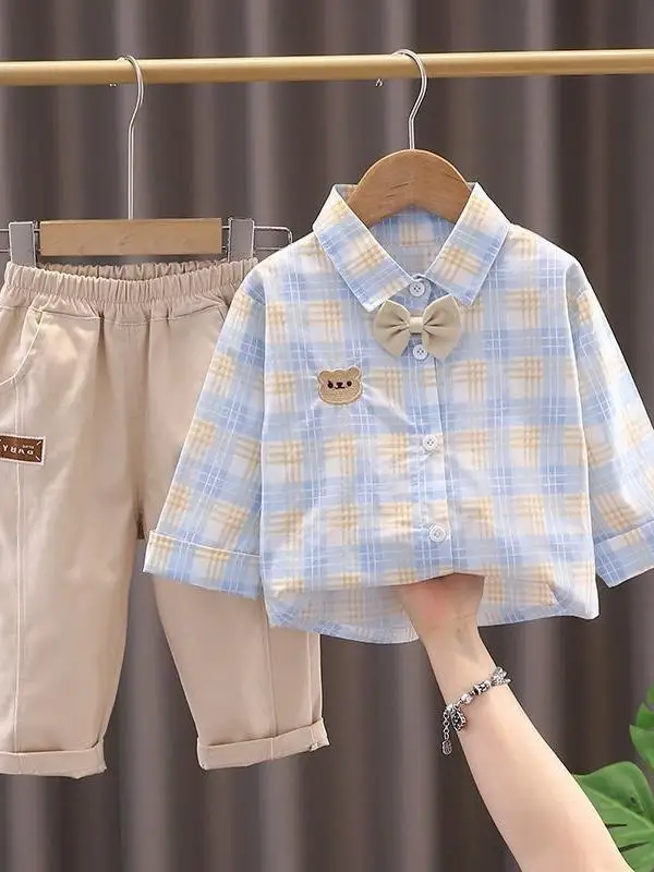 

Sli Plaid irt And Pants Set for Boys Long Sve Two-Piece Suit Trendy Baby Clothes for Ages 2 3 4 5 Spring Season