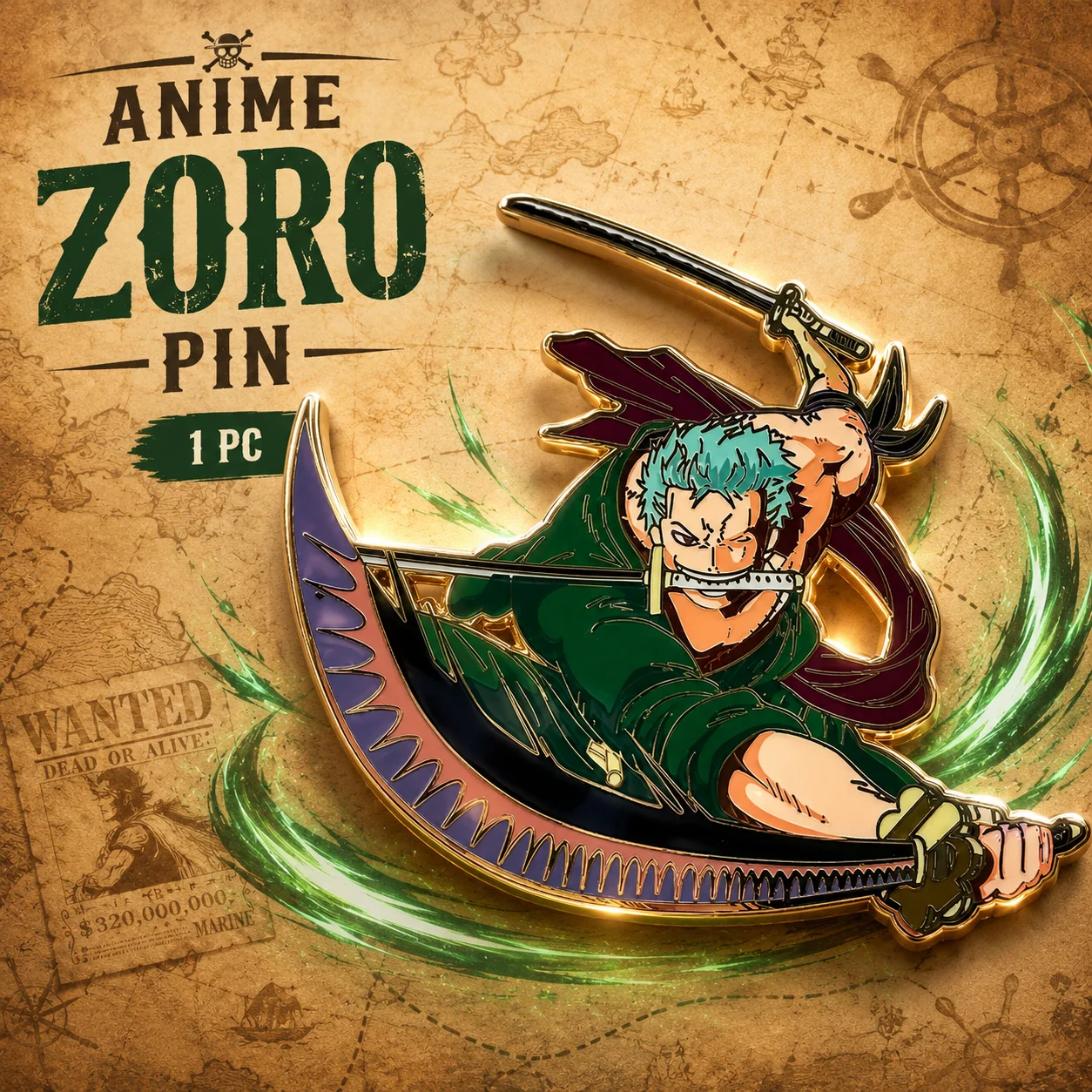 

Anime Cartoon One Piece Zoro Three Sword Style Enamel Pin Metal Brooch Lapel Badge for Backpack Coat Clothes Fashion Accessories