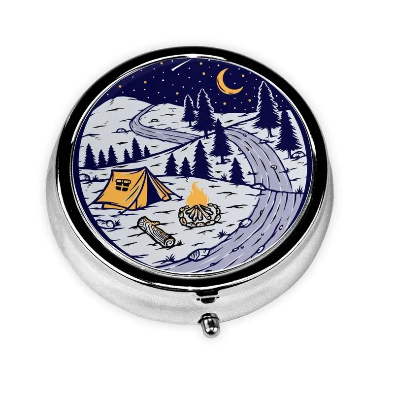 

Mountain Camper Adventure Camping Pill Box Portable Pill Organizer with 3 Compartments Travel Metal Pill Case for Pocket Purse