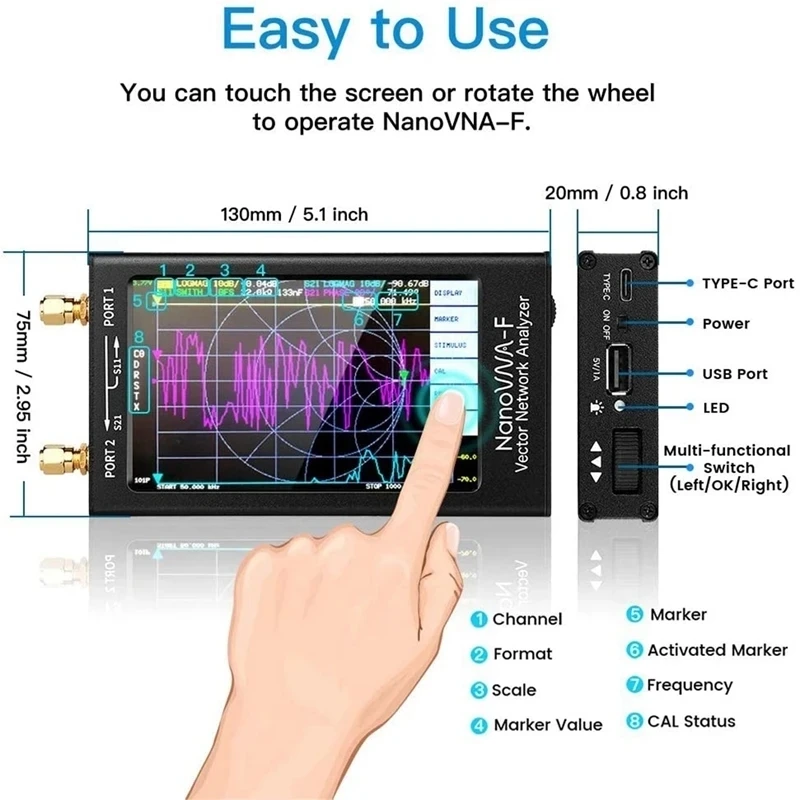 Penganalisa jaringan vektor genggam portabel, modul SWR Meter 50 khz-1000 MHz 4.3 inci IPS TFT tampilan Digital layar sentuh MF H